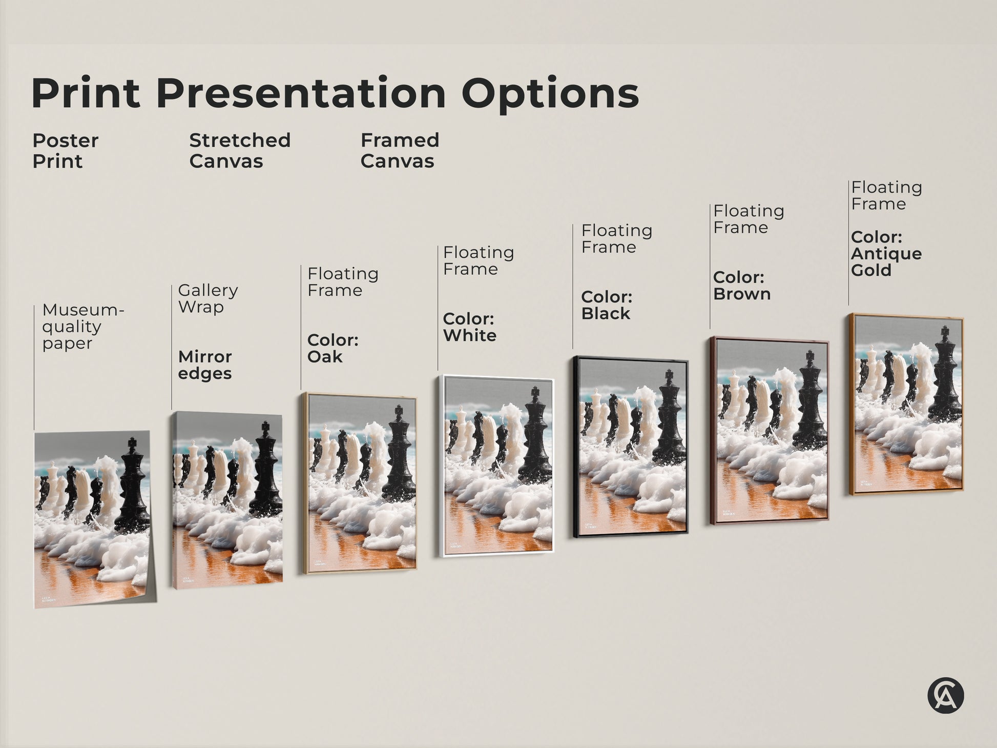 Print presentation options including poster prints stretched canvas and framed canvas. Discover museum-quality paper with gallery-wrapped mirror edges. Frame colors include black brown oak and antique gold. View this abstract chess art.