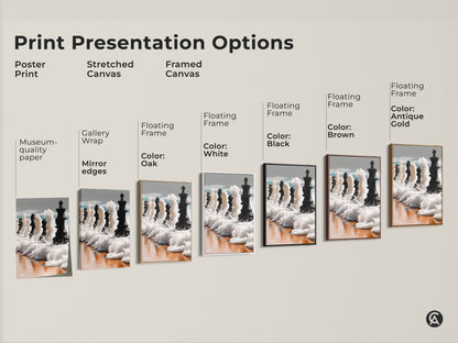 Print presentation options including poster prints stretched canvas and framed canvas. Discover museum-quality paper with gallery-wrapped mirror edges. Frame colors include black brown oak and antique gold. View this abstract chess art.