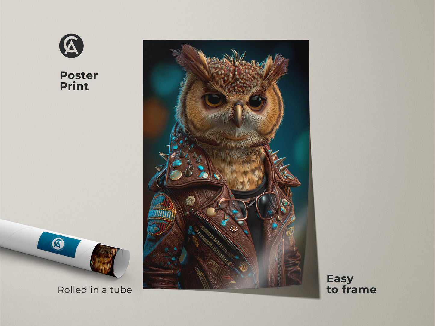 A poster print displays a surreal owl in a biker jacket. This animal character wall art arrives rolled in a tube and is easy to frame. The brown orange and teal color palette makes it an eclectic piece. It is a unique gift for animal lovers and will make a statement as men's office decor. This fantasy owl artwork is quirky and whimsical.