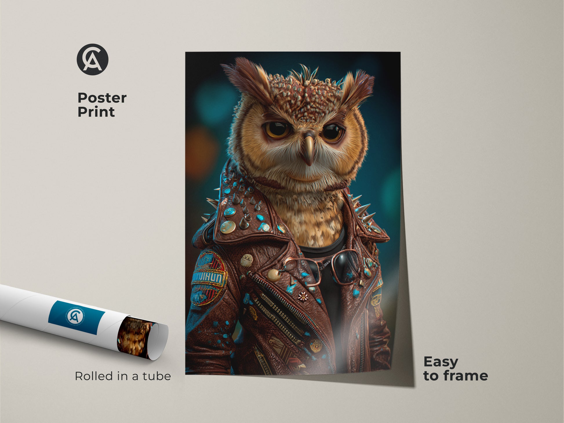 A poster print displays a surreal owl in a biker jacket. This animal character wall art arrives rolled in a tube and is easy to frame. The brown orange and teal color palette makes it an eclectic piece. It is a unique gift for animal lovers and will make a statement as men's office decor. This fantasy owl artwork is quirky and whimsical.