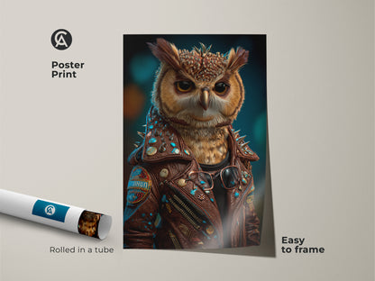 A poster print displays a surreal owl in a biker jacket. This animal character wall art arrives rolled in a tube and is easy to frame. The brown orange and teal color palette makes it an eclectic piece. It is a unique gift for animal lovers and will make a statement as men's office decor. This fantasy owl artwork is quirky and whimsical.