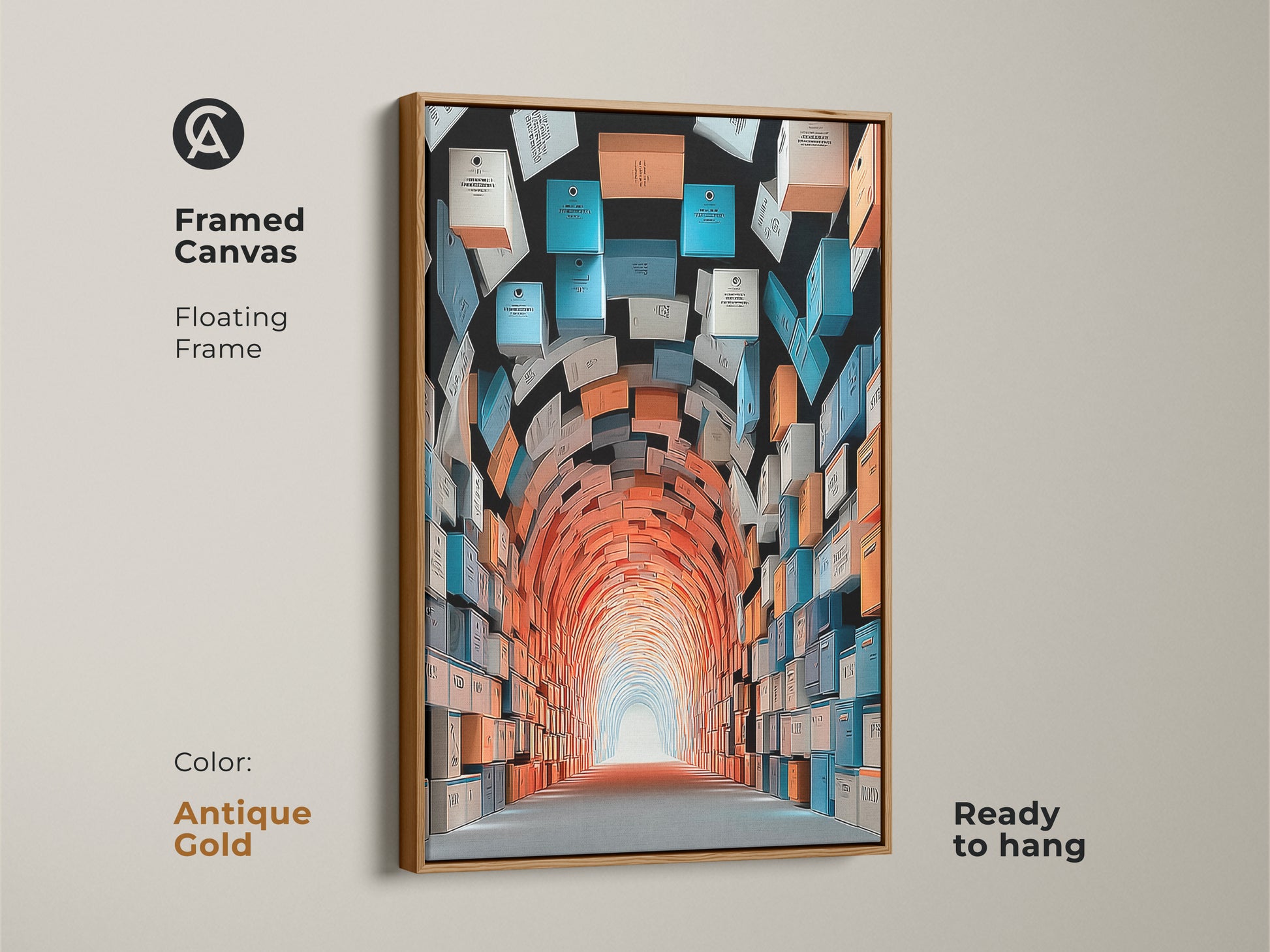 Antique gold floating frame surrounds this abstract tunnel artwork print. The artwork has boxes in orange teal and blue. This framed canvas is ready to hang and complements any interior. The art piece adds sophistication to your space as a conceptual artwork.