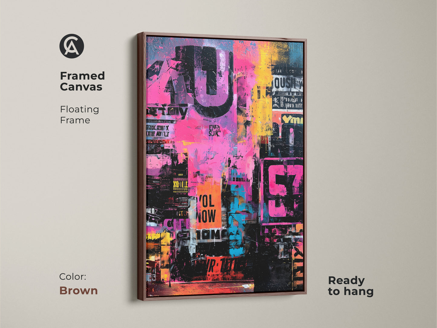 Framed canvas art with a brown floating frame. This artwork is ready to hang. Features a vibrant collage of colors and urban typography. The brown frame complements the art's warm tones. This is the perfect addition to any art collection.