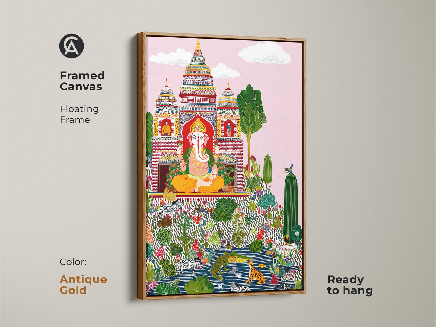 Ganesha folk art framed in an antique gold floating canvas. This animal landscape print blends spiritual and cultural elements. Ready to hang this vibrant Ganesha canvas brings boho flair. The unique home decor piece features zebras and botanical detail adding color to any space.