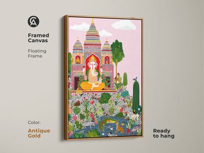 Ganesha folk art framed in an antique gold floating canvas. This animal landscape print blends spiritual and cultural elements. Ready to hang this vibrant Ganesha canvas brings boho flair. The unique home decor piece features zebras and botanical detail adding color to any space.