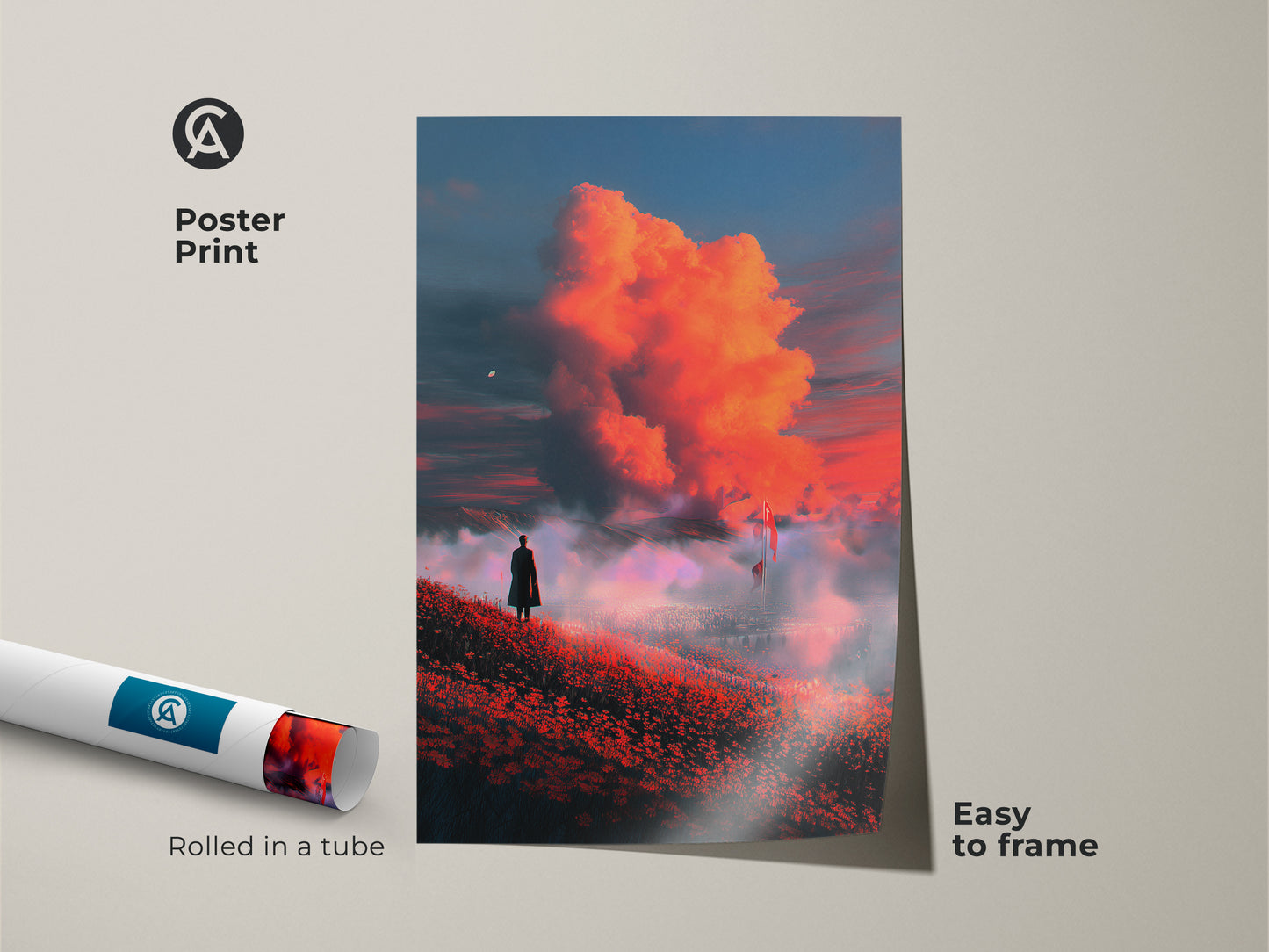 Poster print showcasing a surreal landscape. A lone figure contemplates a fiery orange cloudscape. This fantasy art decor is easy to frame. The rolled poster print arrives safely in a tube. Perfect for adding a dreamlike quality to your wall art collection.