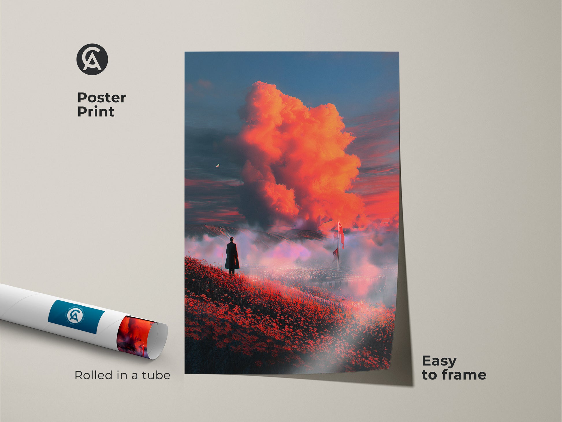 Poster print showcasing a surreal landscape. A lone figure contemplates a fiery orange cloudscape. This fantasy art decor is easy to frame. The rolled poster print arrives safely in a tube. Perfect for adding a dreamlike quality to your wall art collection.