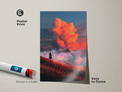 Poster print showcasing a surreal landscape. A lone figure contemplates a fiery orange cloudscape. This fantasy art decor is easy to frame. The rolled poster print arrives safely in a tube. Perfect for adding a dreamlike quality to your wall art collection.