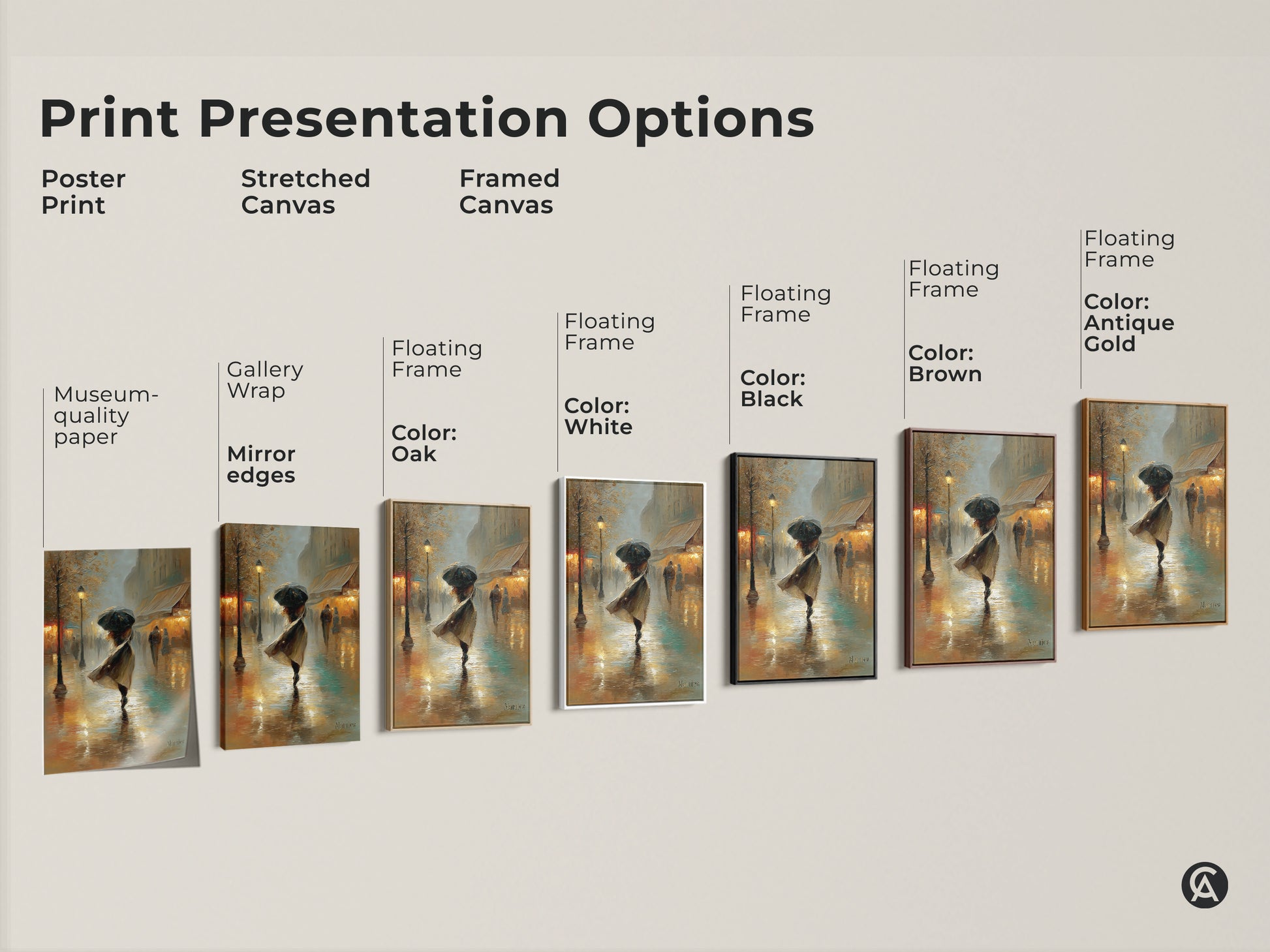 Explore our print presentation options for this Parisian street artwork. Choose from poster prints stretched canvas and framed canvas. Select a frame color to match your decor including oak white black brown and antique gold. Find the perfect gold and teal artwork for your home.