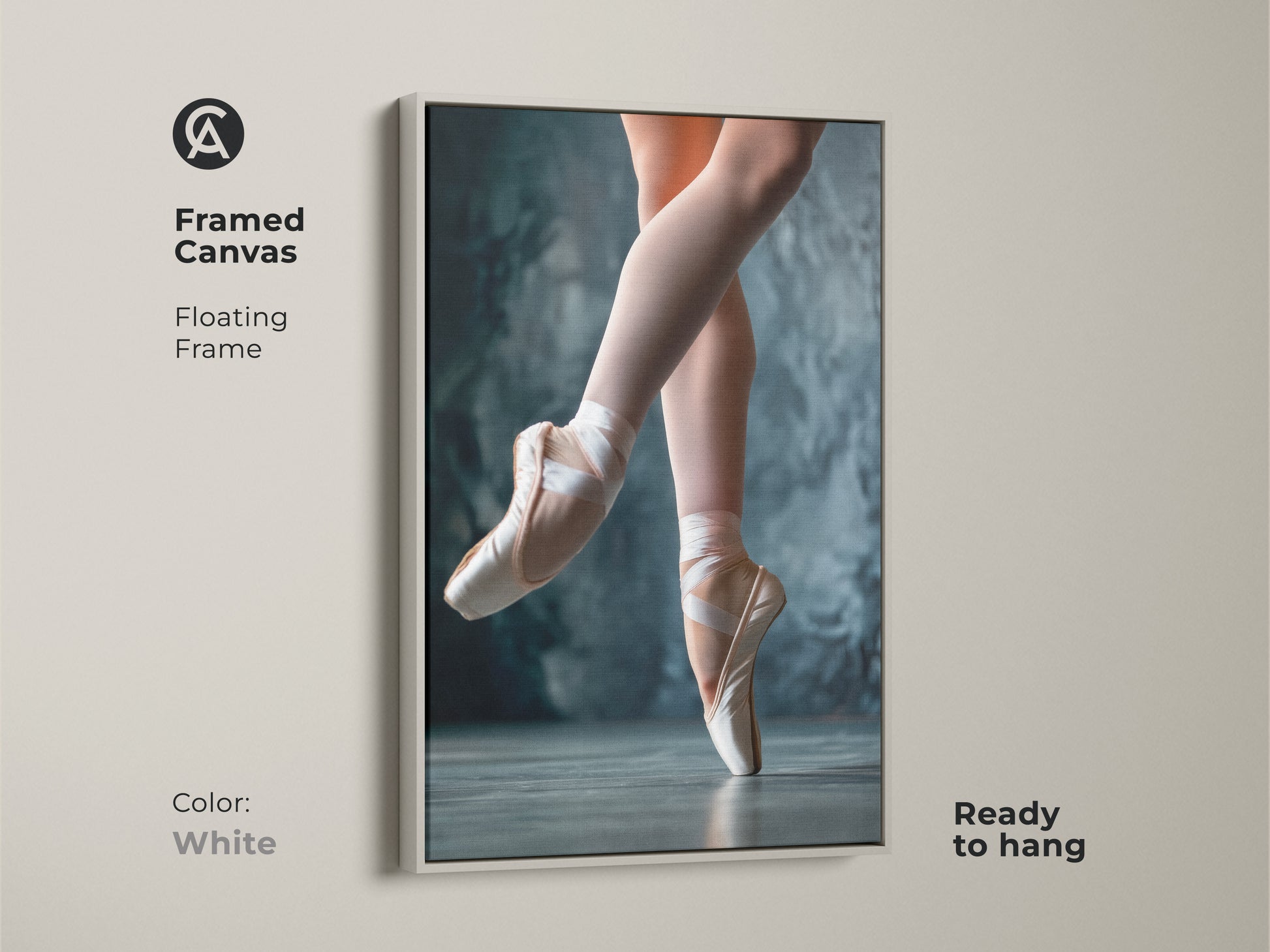 White framed canvas of ballet art. The ballerina artwork captures the beauty of dance. The floating frame offers a clean look. This ballet print is ready to hang. The white frame complements any decor. A beautiful ballet artwork.