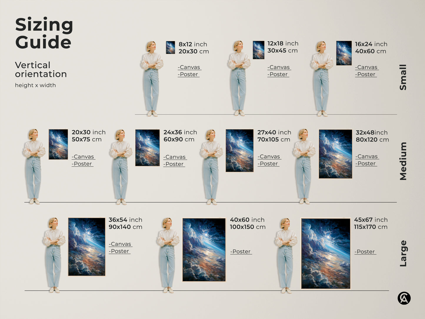 Sizing guide for vertical space art prints. Find the perfect fit for your space with canvas and poster options. Artwork features clouds and a radiant sun. Transform your decor with space-themed art. Choose from small medium and large sizes.