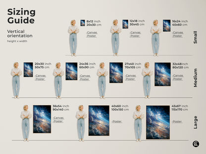 Sizing guide for vertical space art prints. Find the perfect fit for your space with canvas and poster options. Artwork features clouds and a radiant sun. Transform your decor with space-themed art. Choose from small medium and large sizes.