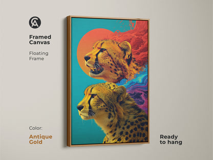 A print presentation options showcase displays cheetah abstract artwork. Displayed are poster prints stretched canvas and framed canvas options. Each featuring a vibrant teal orange and sun design. This wildlife artwork suits any decor style. Find the perfect option for any animal lover's housewarming gift.