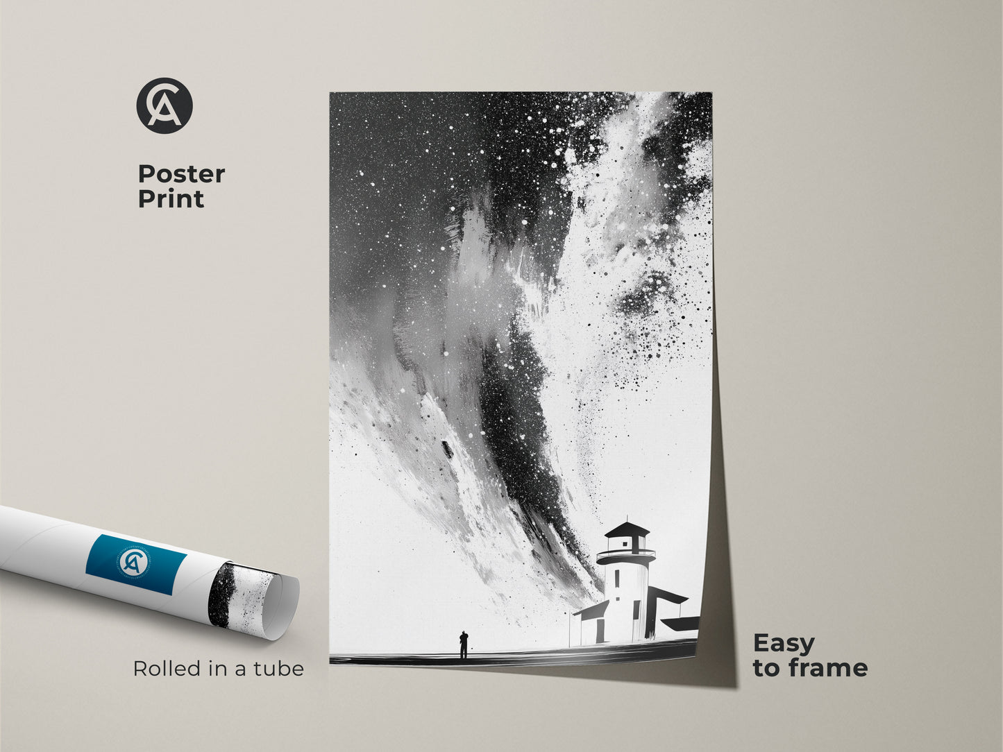 Poster print showcasing a black white abstract lighthouse. Minimalist starry night print is rolled in a tube and easy to frame. Add travel themed wall art or monochrome wall art to your living room with this celestial abstract art piece.