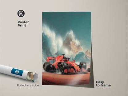 Discover the allure of the red Formula 1 car artwork as a vibrant poster print. The dynamic motion F1 print comes rolled in a protective tube. This ensures it's easy to frame and display. Ideal for motorsport enthusiasts. Bring the thrill of the race to your space.