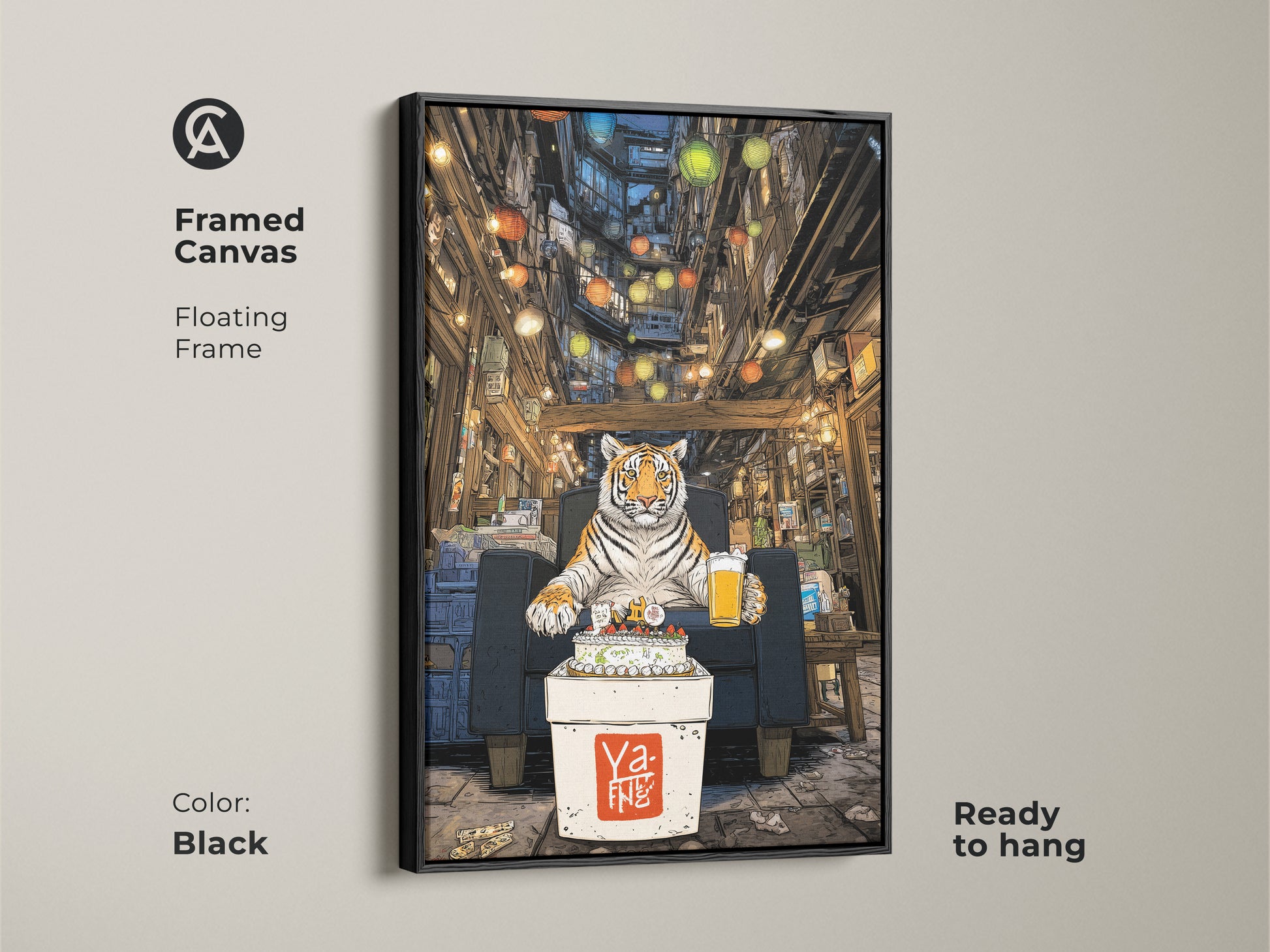 Framed canvas artwork of a tiger celebrating a birthday in an urban alley. The floating frame is black. Ready to hang. It is a unique tiger print. The artwork suits animal lovers. This eclectic home decor piece adds a vibrant touch. It uses an orange and brown palette.