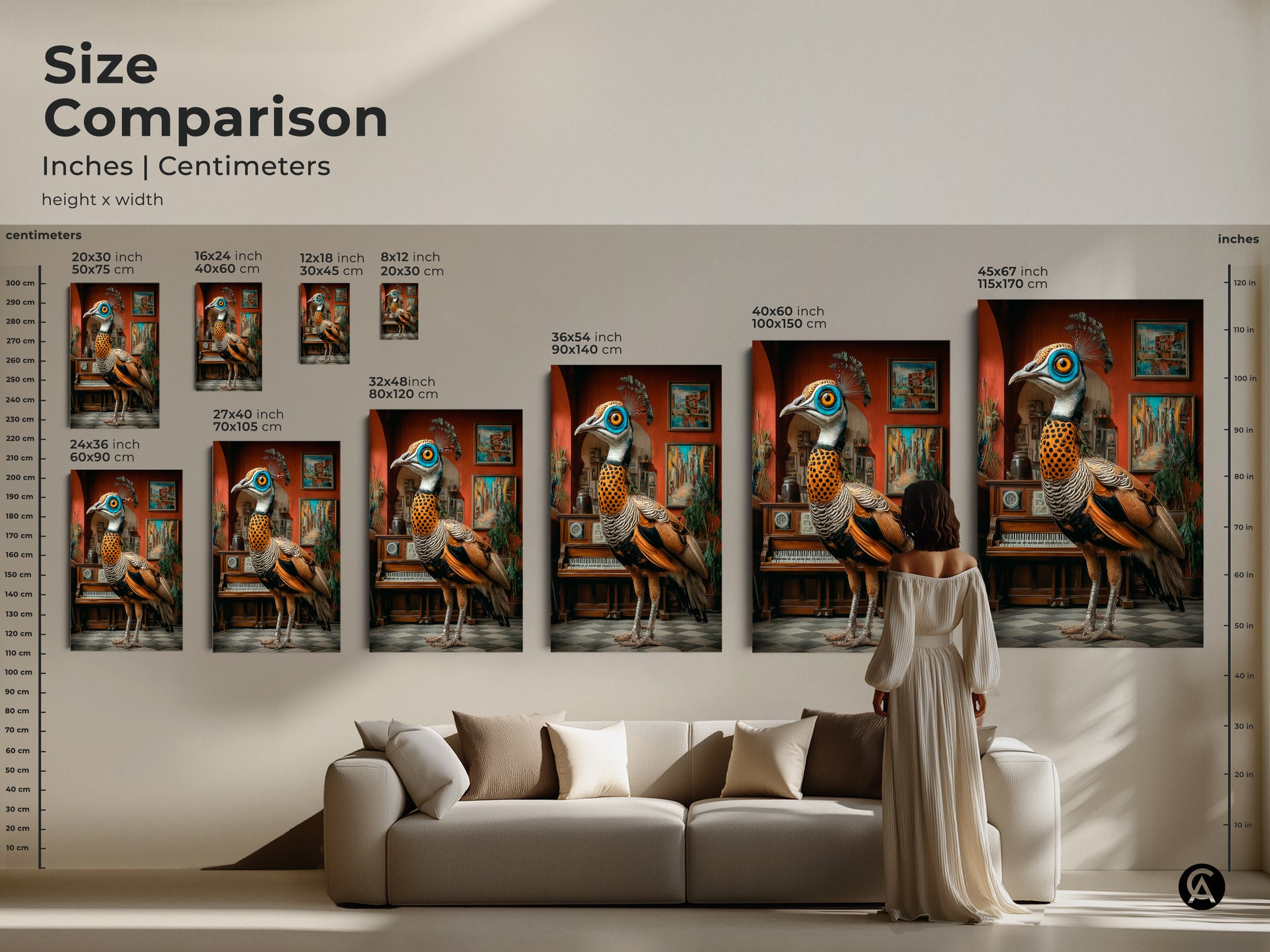 Compare sizes of surreal peacock artwork in inches and centimeters. Ranging from small to large find the perfect fit for your space. The ornate bird print as canvas or poster adds an eclectic touch. It brings teal blue and orange hues to any study room. A unique wall accent.