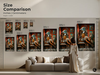 Compare sizes of surreal peacock artwork in inches and centimeters. Ranging from small to large find the perfect fit for your space. The ornate bird print as canvas or poster adds an eclectic touch. It brings teal blue and orange hues to any study room. A unique wall accent.