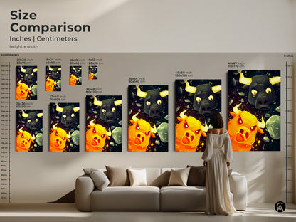 A size comparison shows the bold Minotaur and Bull artwork in various dimensions. From small prints to large canvas pieces it fits any space. Ideal for adding an eclectic touch to your home decor. This fantasy art is a perfect statement piece for game fans and mythology lovers.