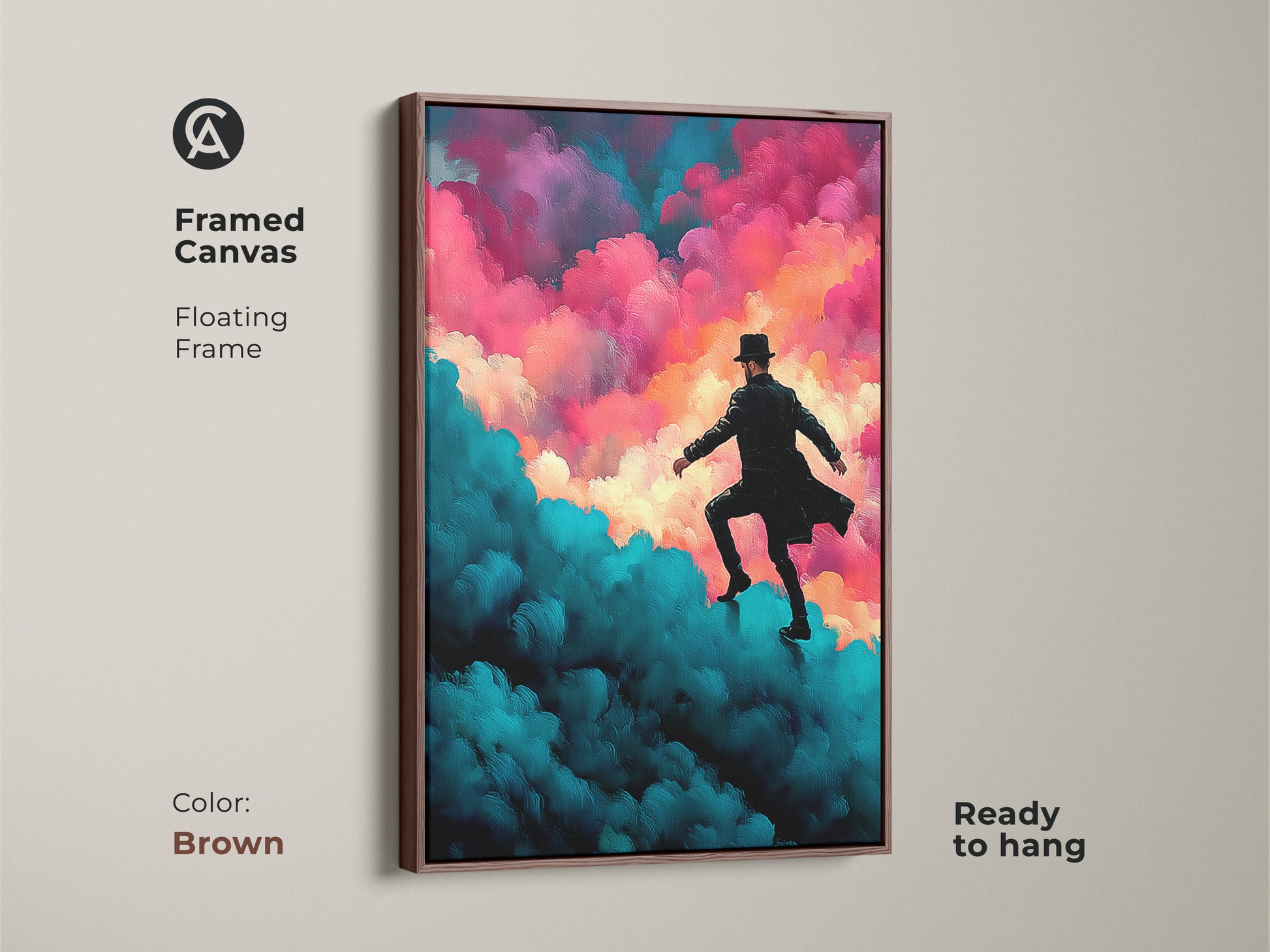 This framed canvas features surreal art. The art shows a man in a hat climbing expressive clouds. It is in a palette of teal magenta and pink. This piece is ready to hang. The frame is brown. Perfect as pink blue abstract art.