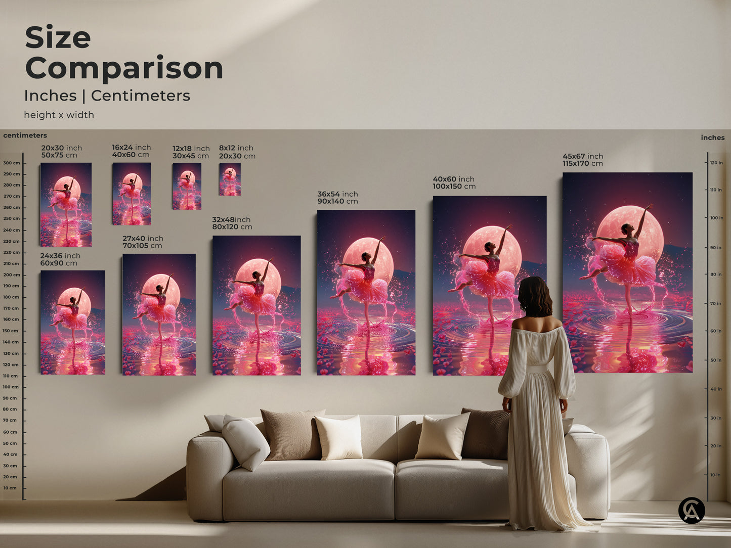 Size comparison featuring a ballerina under a pink moon in inches and centimeters. See how the art looks above a sofa. Sizes range from small to extra large. It's ideal for any room.