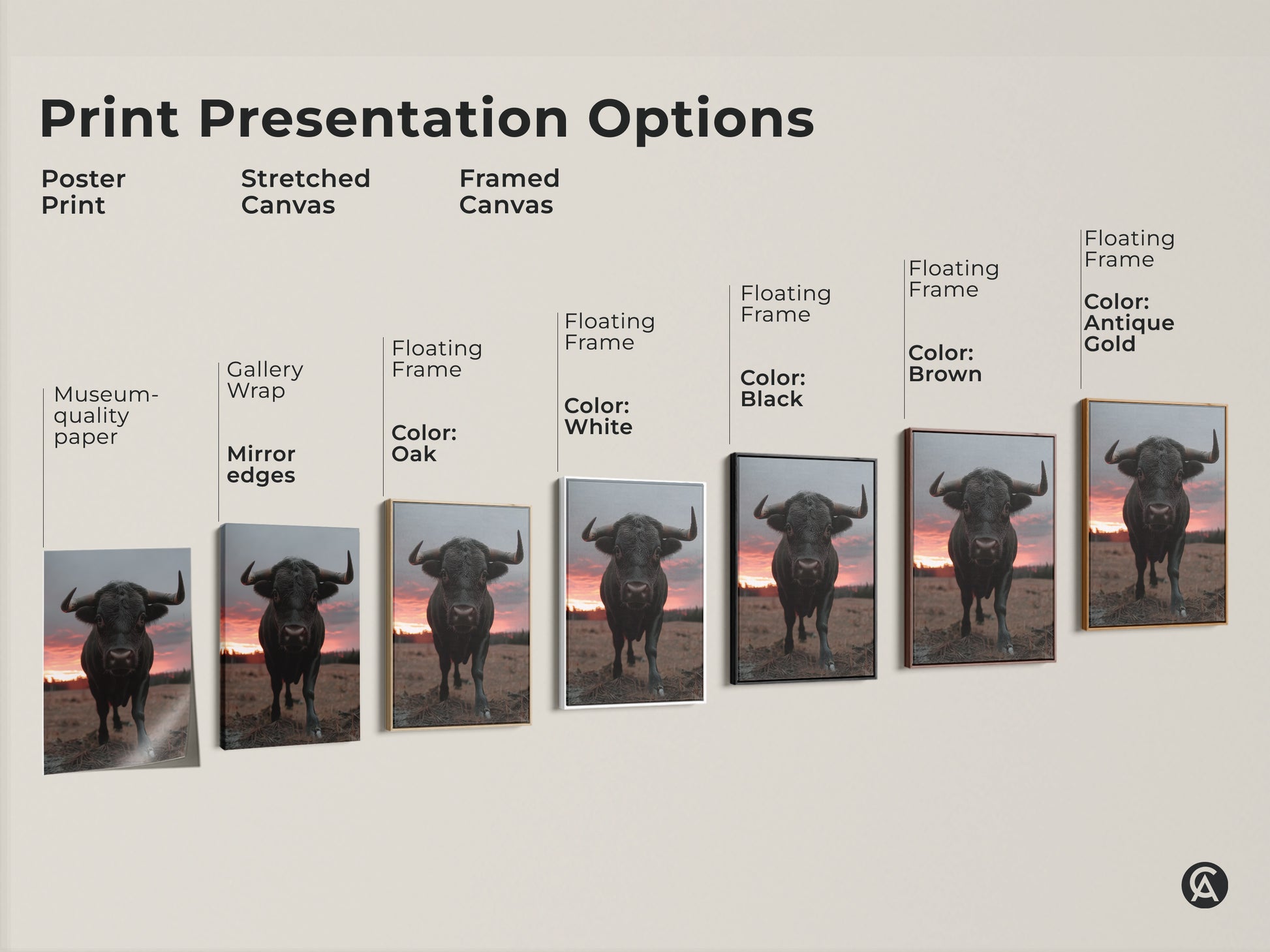 Print presentation options of a black bull artwork. Poster print stretched canvas and framed canvas options. Floating frame available in black brown oak antique gold and white color variations.