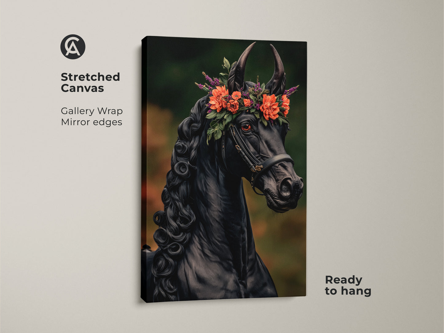 Stretched canvas print of a black horse wearing a flower crown. Gallery-wrapped with mirror edges. Ready to hang this equine artwork adds an eclectic touch to any room. Ideal gothic horse art print for unique bedroom decor.