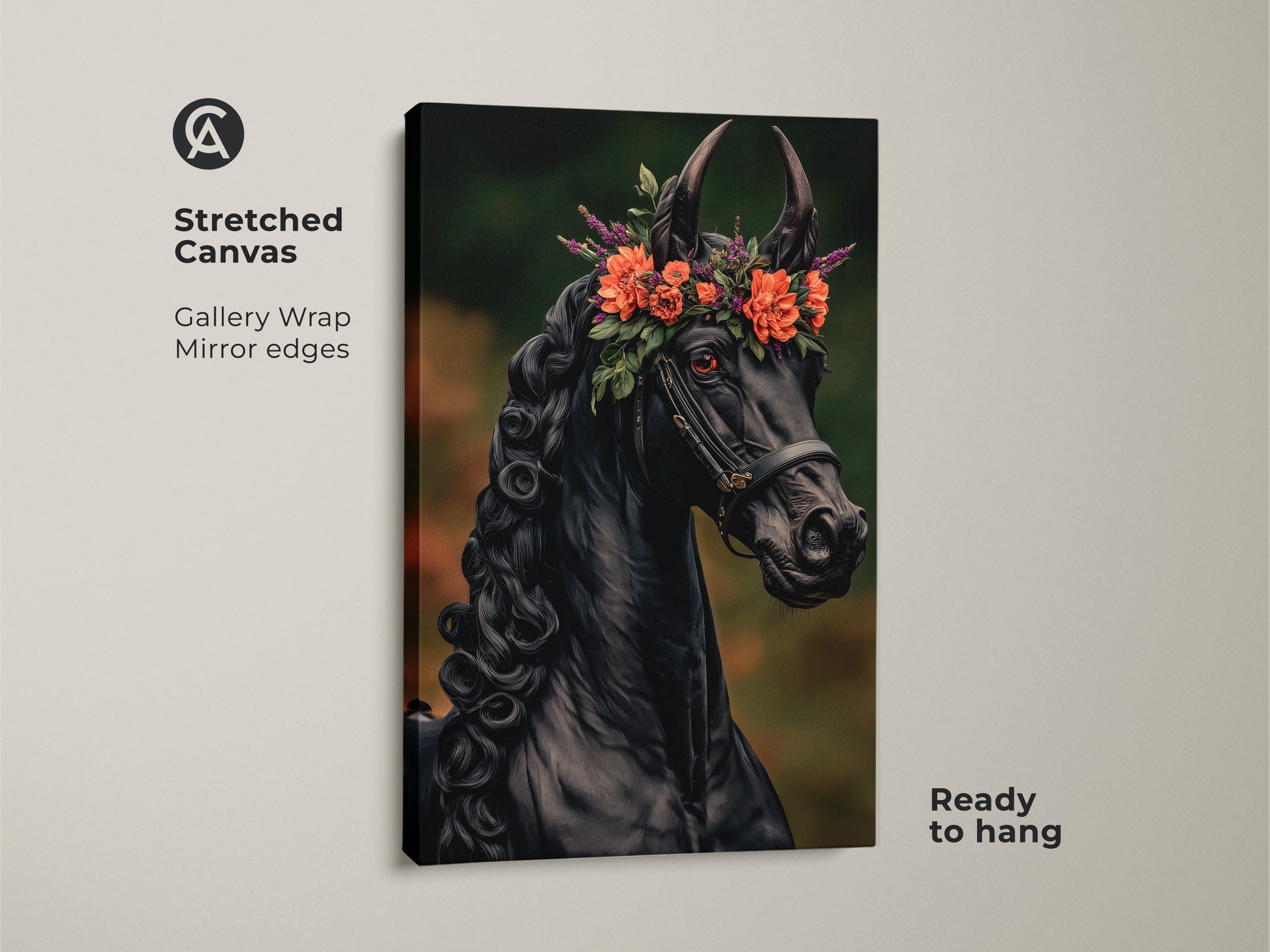 Stretched canvas print of a black horse wearing a flower crown. Gallery-wrapped with mirror edges. Ready to hang this equine artwork adds an eclectic touch to any room. Ideal gothic horse art print for unique bedroom decor.