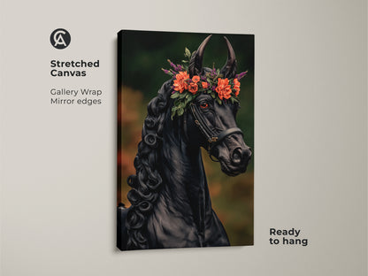 Stretched canvas print of a black horse wearing a flower crown. Gallery-wrapped with mirror edges. Ready to hang this equine artwork adds an eclectic touch to any room. Ideal gothic horse art print for unique bedroom decor.