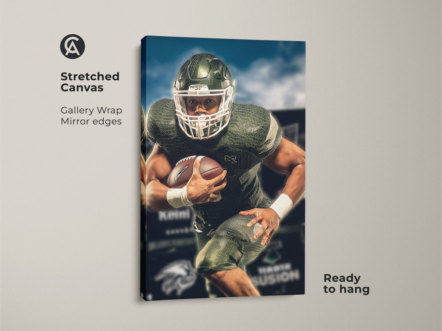 Stretched canvas gallery wrap featuring American football player art. Green and white sports action wall art. This contemporary artwork is ready to hang. Ideal for a man cave or as a gift for sports enthusiasts.