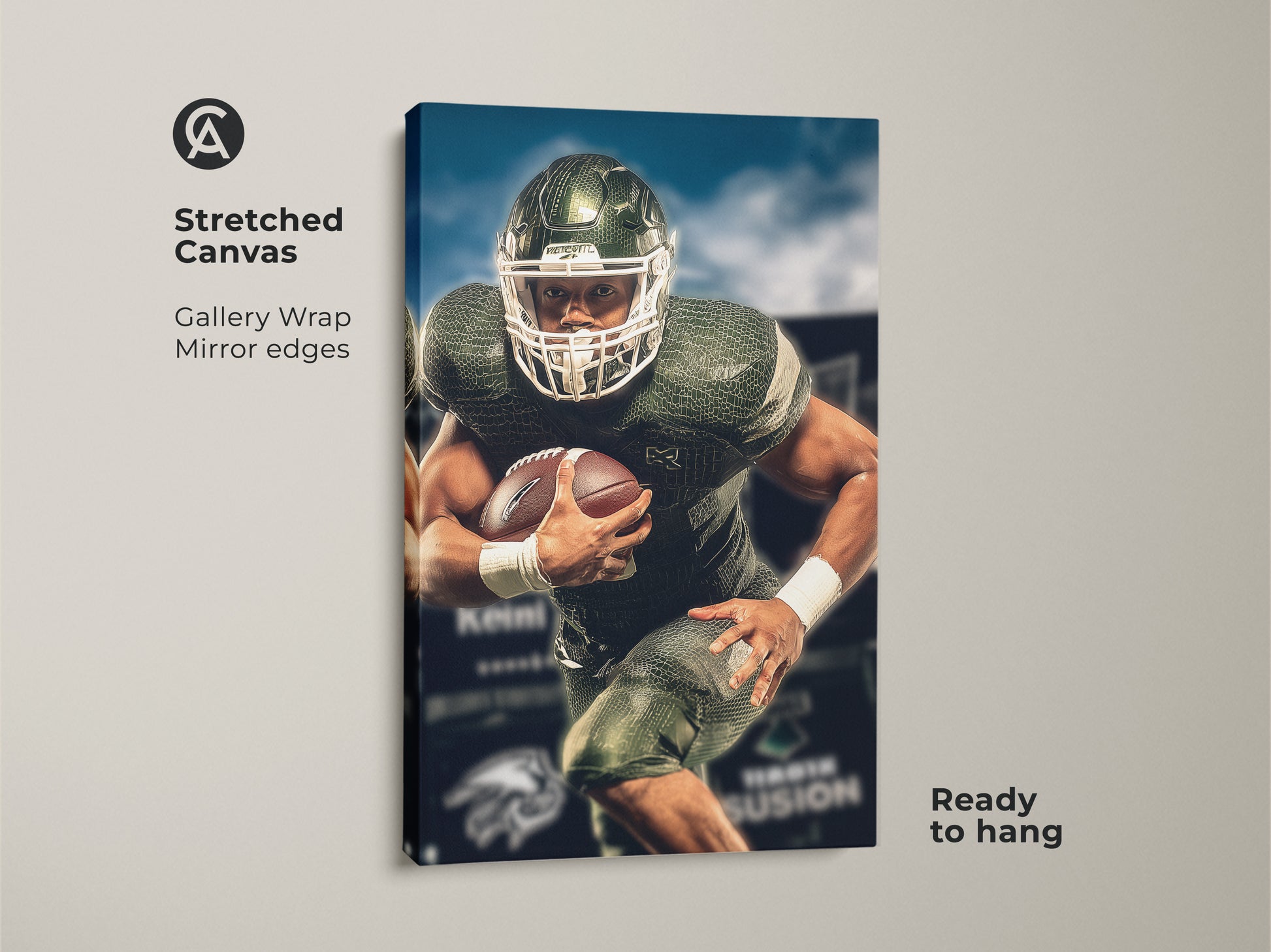 Stretched canvas gallery wrap featuring American football player art. Green and white sports action wall art. This contemporary artwork is ready to hang. Ideal for a man cave or as a gift for sports enthusiasts.