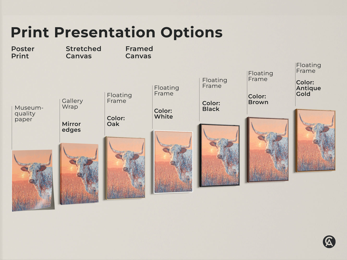 Print presentation options for longhorn artwork. Options include poster print stretched canvas and framed canvas. Frame colors include white black brown antique gold and oak. Find the perfect piece for your home.
