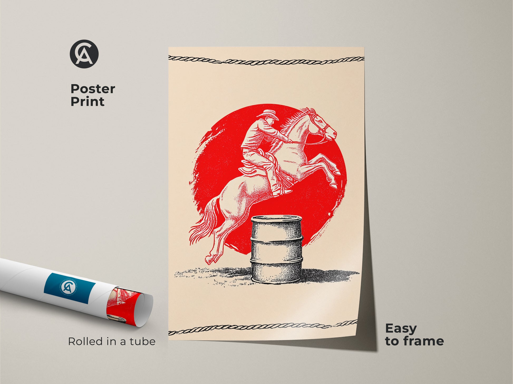 This poster print displays cowboy barrel racing art. The vintage horse rider print has a rustic style. Red black and cream colors make a bold statement. Easy to frame this artwork is perfect for western wall decor. A great gift for cowboy and rodeo enthusiasts.
