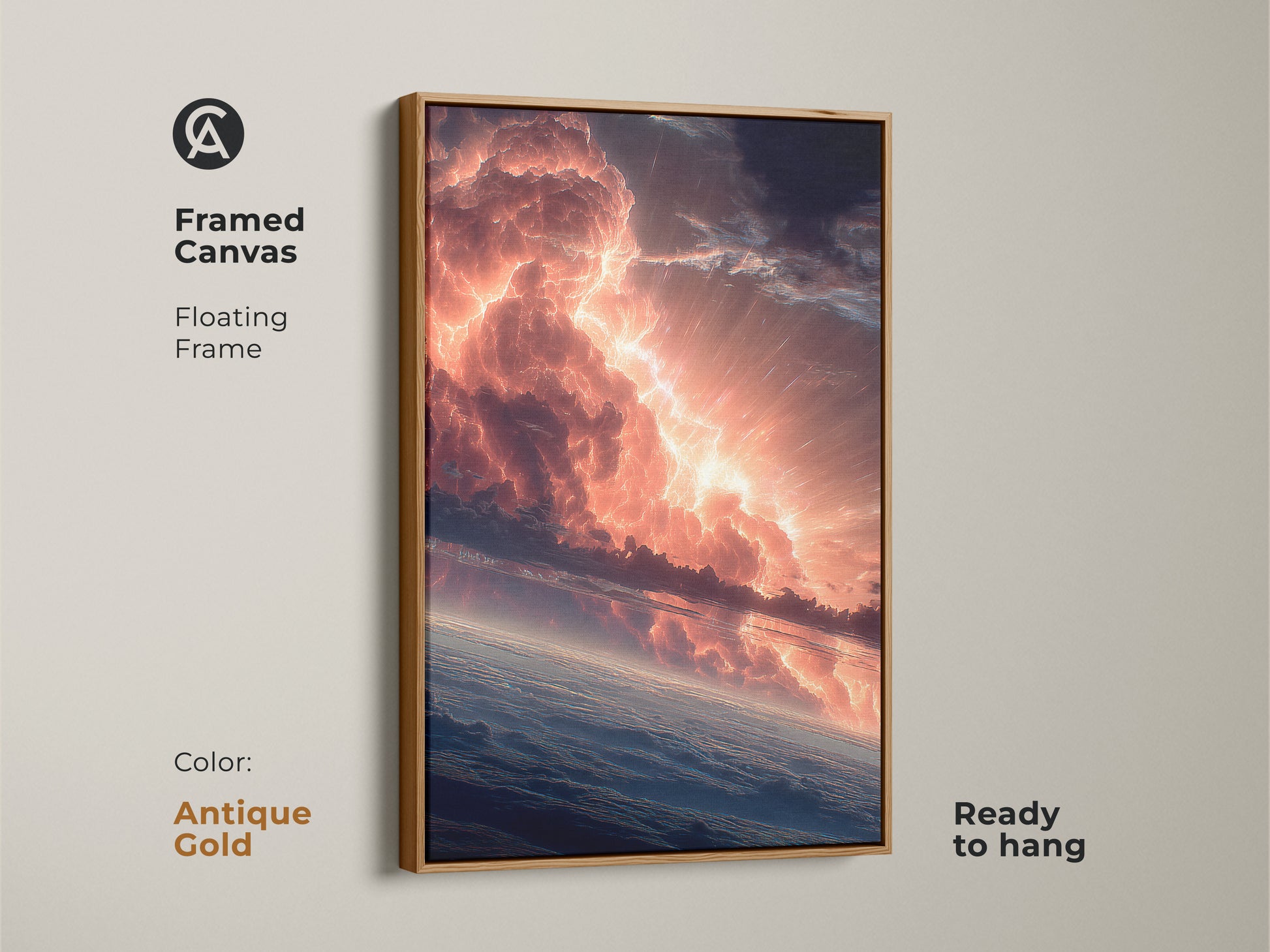 Dramatic sky artwork in a framed canvas. The antique gold floating frame adds a touch of luxury. Ready to hang and enjoy. The frame complements the fiery clouds. A great statement piece for any room.