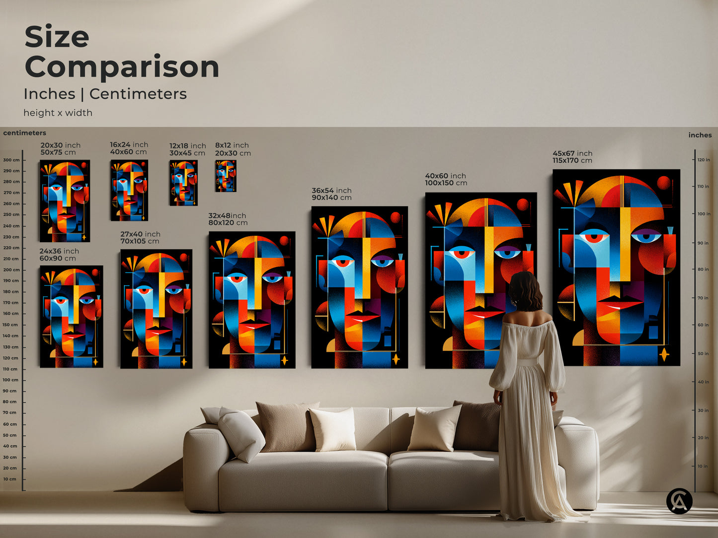 Size comparison of abstract face art prints. See how each canvas size looks in a living room. Sizes range from small to extra large. Perfect for any art collector.