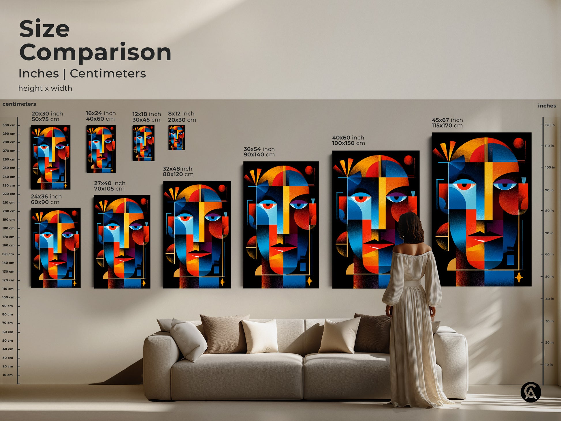 Size comparison of abstract face art prints. See how each canvas size looks in a living room. Sizes range from small to extra large. Perfect for any art collector.