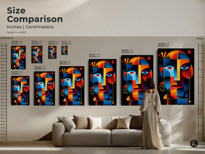 Size comparison of abstract face art prints. See how each canvas size looks in a living room. Sizes range from small to extra large. Perfect for any art collector.