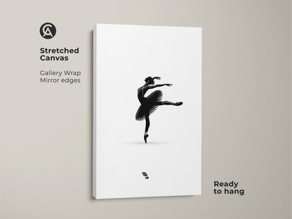 Stretched canvas gallery wrap of minimalist ballerina art. Black and white dancer print with mirror edges. Elegant ballet pose wall art ready to hang. Modern monochrome artwork for bedroom wall decor. This is a great gift for ballet lovers.