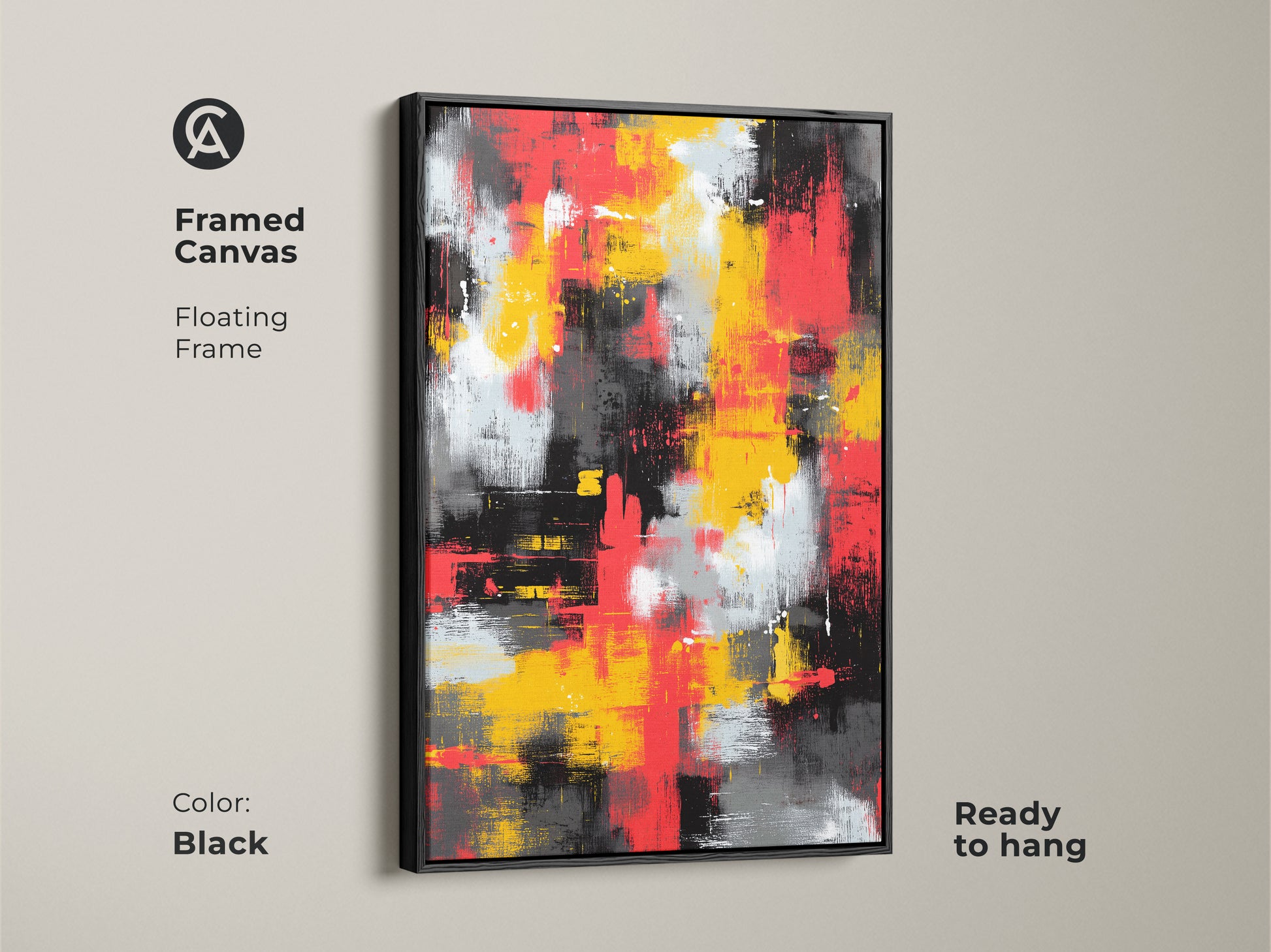 Framed canvas with a floating frame in black. The abstract art features bold colors of red yellow black and white. This framed art is ready to hang. Elevate your home decor with this contemporary artwork. A perfect piece for modern art enthusiasts.