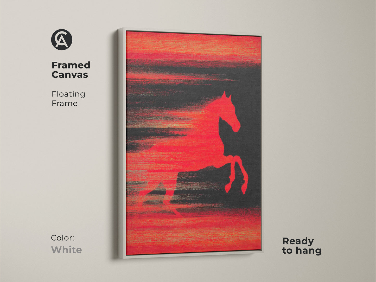 Framed Canvas of Abstract Horse Art in White Frame. This modern animal artwork is ready to hang. A vibrant red horse leaps across a dark textured background. This contemporary piece adds a bold statement to any room. Perfect for lovers of equestrian wall decor.