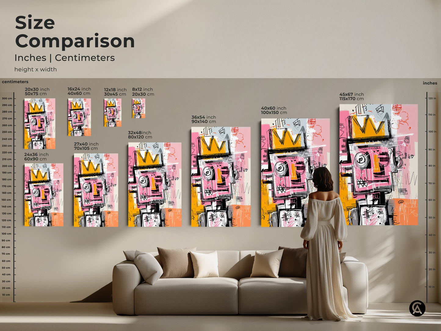 Size comparison of abstract art prints in inches and centimeters. Visualize canvas and poster sizes to fit your space. This modern artwork makes a statement. Choose the perfect size for your home.