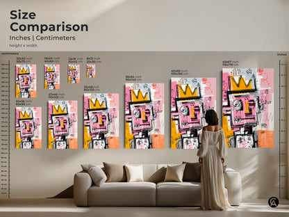 Size comparison of abstract art prints in inches and centimeters. Visualize canvas and poster sizes to fit your space. This modern artwork makes a statement. Choose the perfect size for your home.