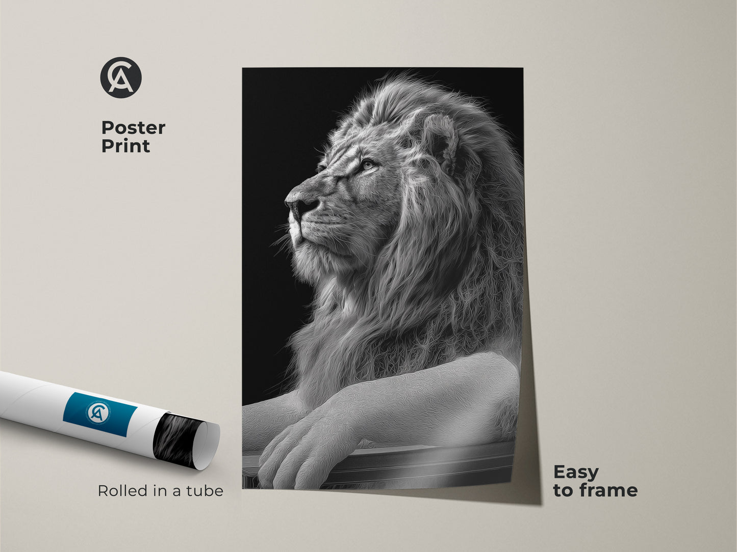 Rolled monochrome lion poster print displayed next to its shipping tube. This animal portrait art is easy to frame. A striking piece of wildlife wall decor perfect as a lion lover gift idea.