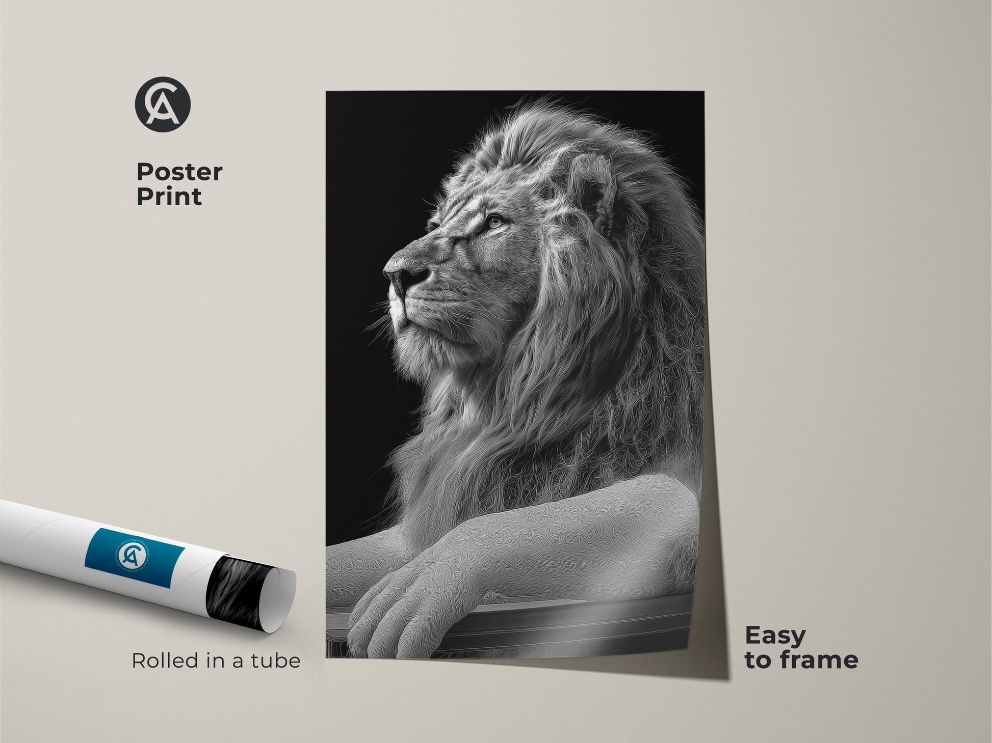 Rolled monochrome lion poster print displayed next to its shipping tube. This animal portrait art is easy to frame. A striking piece of wildlife wall decor perfect as a lion lover gift idea.
