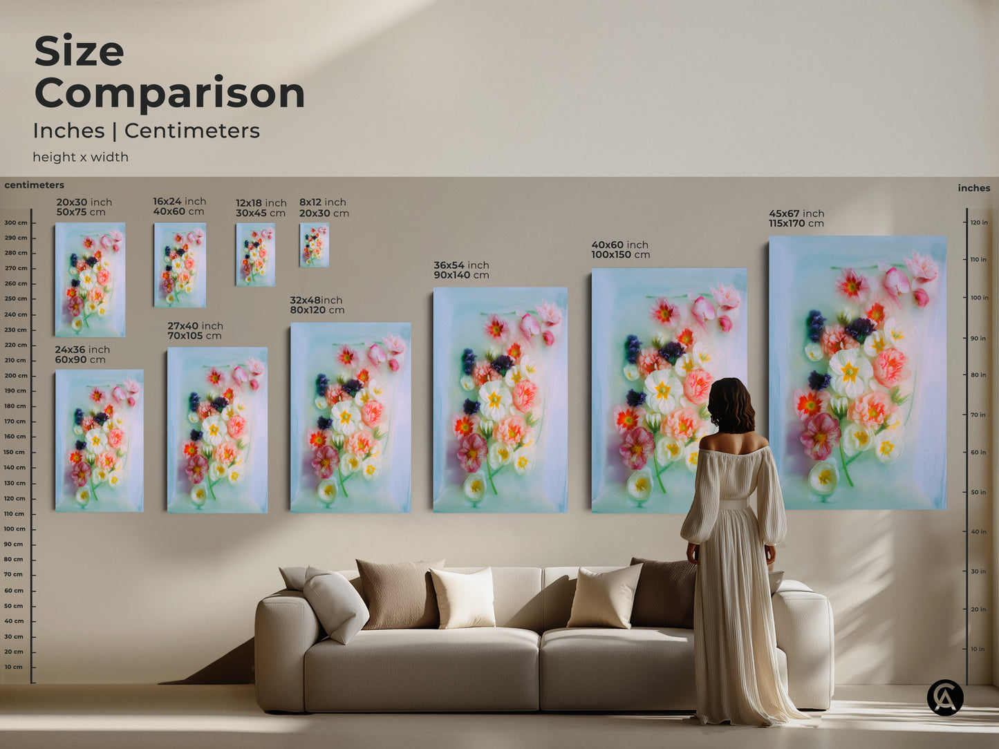 Size comparison of coral primrose canvas art. See how the various sizes look above a sofa. Visualize the impact of different sizes on your living space. Perfect as a gift for mom.