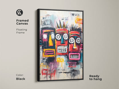 Framed canvas art featuring three colorful tribal faces. The black floating frame adds a touch of sophistication. Ready to hang and enjoy. Elevate your home decor with this striking artwork.