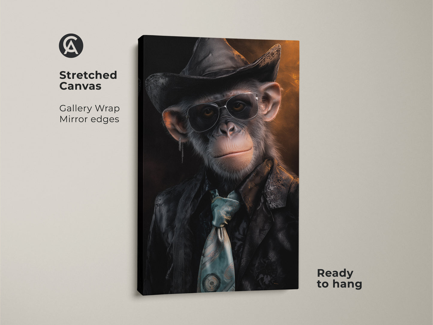 Stretched canvas showcasing a cowboy chimpanzee wall art. A photorealistic chimp art print ready to hang. It features gallery wrapped mirror edges and is perfect for eclectic home wall hanging. This stylish monkey with hat art is cool for study.