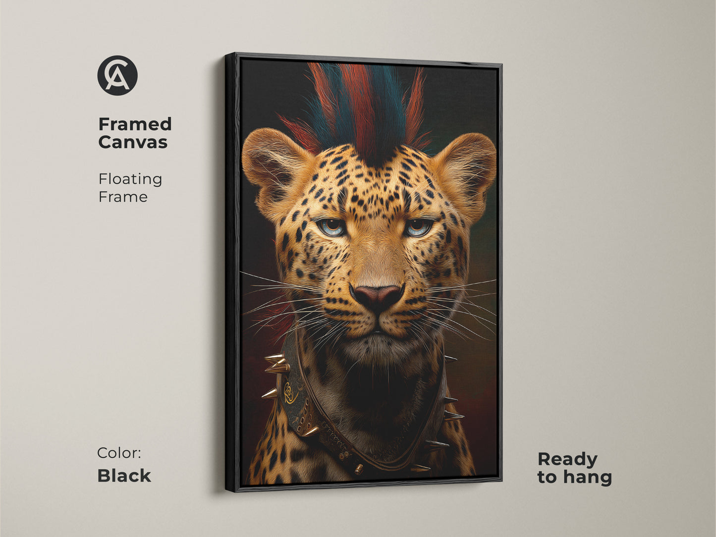 Framed canvas featuring the punk rock leopard art with a black floating frame ready to hang. This wildlife portrait canvas adds a gothic touch to any space. It is a unique animal lover gift perfect as office decor. Showcasing the striking orange and brown tones of this eclectic animal artwork.