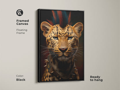 Framed canvas featuring the punk rock leopard art with a black floating frame ready to hang. This wildlife portrait canvas adds a gothic touch to any space. It is a unique animal lover gift perfect as office decor. Showcasing the striking orange and brown tones of this eclectic animal artwork.