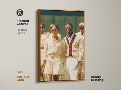 A framed canvas with an antique gold floating frame. The artwork features a group in tennis attire ready to hang. A stylish couple stands out in sunglasses and preppy sweaters. It has a sophisticated sporty vibe.